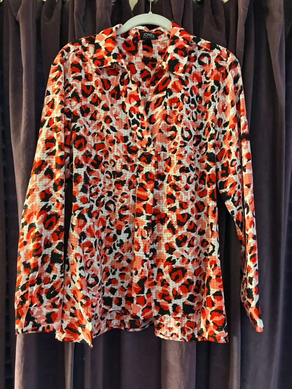Jones New York Red Black White Animal Print Button-Up Blouse